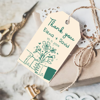 Whimsical Hand Drawn Blue Floral Wedding Thank You Gift Tags