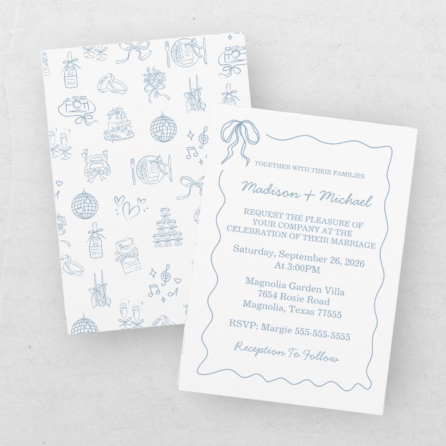 Whimsical Hand Drawn Blue Illustrated Wedding Invitation (Creator Uploaded)
