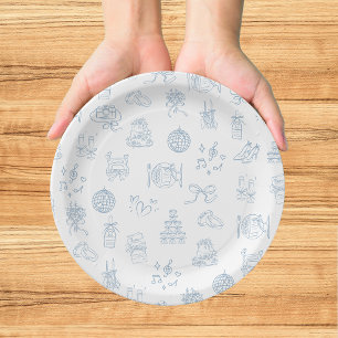 Whimsical Hand Drawn Blue Illustrated Wedding Paper Plate
