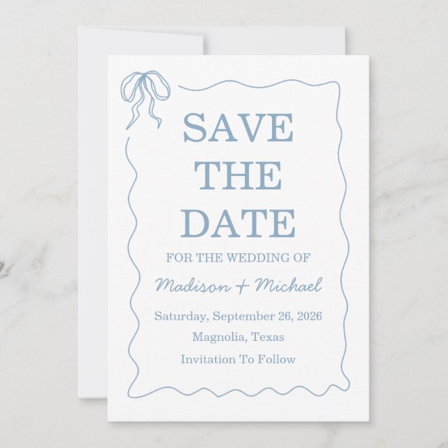 Whimsical Hand Drawn Blue Illustrated Wedding Save The Date (Front)
