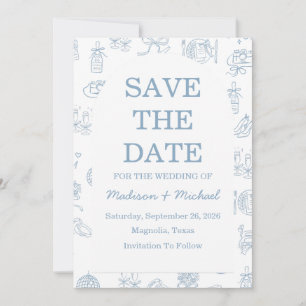 Whimsical Hand Drawn Blue Illustrated Wedding Save The Date