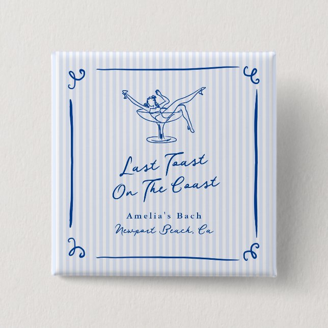 Whimsical Hand Drawn Blue Last Toast on the Coast 2 Inch Square Button (Front)