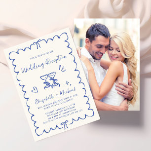 Whimsical Hand Drawn Blue Photo Wedding Reception Invitation
