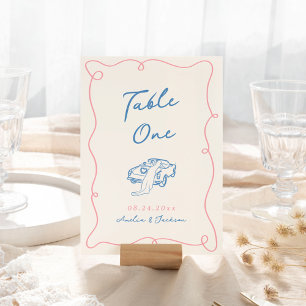 Whimsical Hand Drawn Blue & Pink Table Number