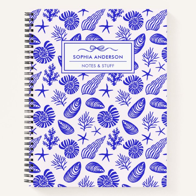Whimsical Hand Drawn Blue Seashell Coastal Custom Notebook (Front)