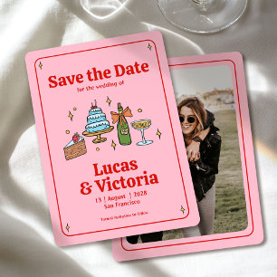Whimsical Hand Drawn Bold Red & Pink Save the Date Invitation