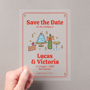 Whimsical Hand Drawn Bold Red Save the Date Acrylic Invitations