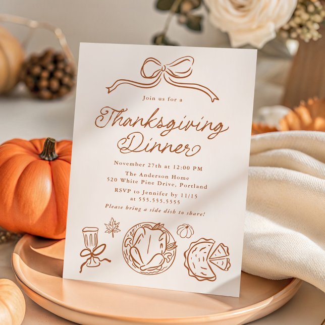 Whimsical Hand-Drawn Bow and Doodles Thanksgiving Invitation (Creator Uploaded)