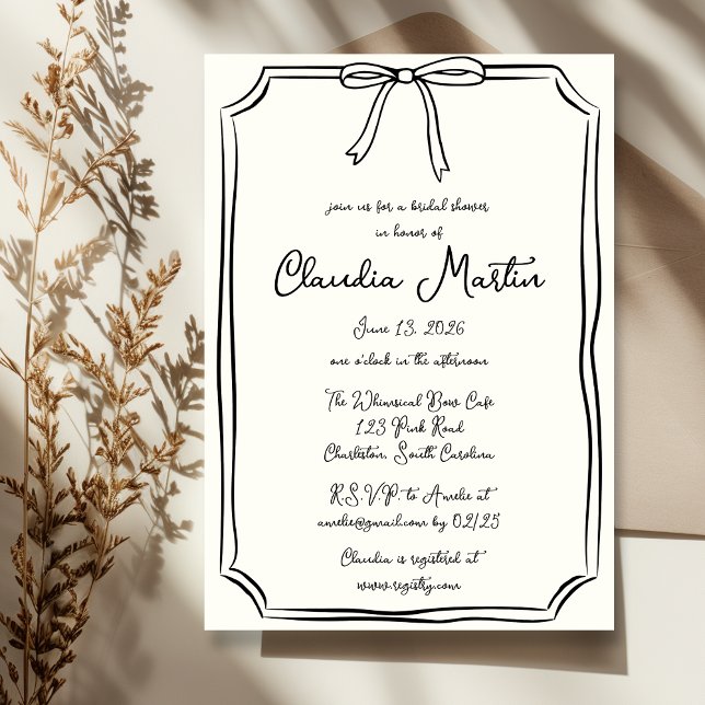 Whimsical Hand Drawn Bow Bridal Shower Invitation (Creator Uploaded)