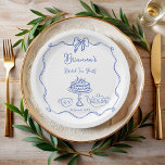 Whimsical hand drawn bow bridal tea party paper plate<br><div class="desc">Whimsical hand drawn bow ribbon border bridal tea party personalized paper plates template, tea party bridal shower monogrammed paper plates , cute hand drawn sketch style tea pot and tea cup cherry cake ribbon bow border girly bridal shower personalized table decor, tea party printed paper plates, modern coquette tea party...</div>