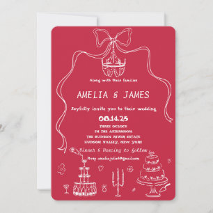 Whimsical Hand Drawn Bow Drawing Quirky Wedding In Invitation