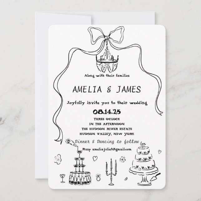 Whimsical Hand Drawn Bow Drawing Quirky Wedding Invitation (Front)