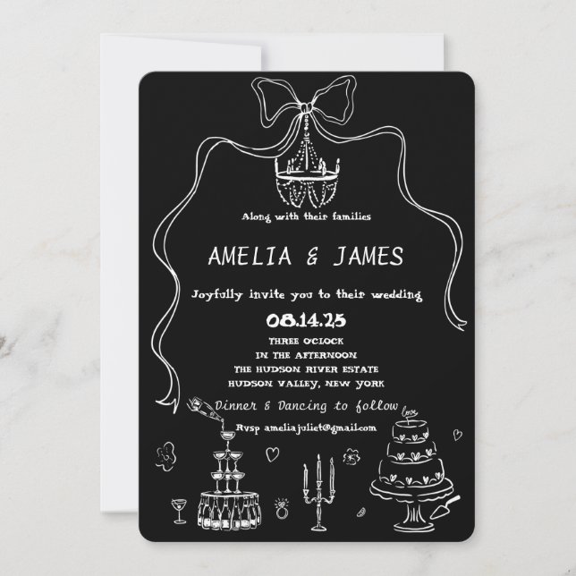 Whimsical Hand Drawn Bow Drawing Quirky Wedding Invitation (Front)