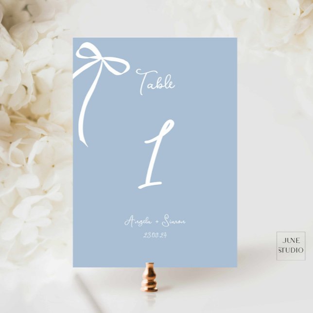 Whimsical Hand drawn Bow Dusty Blue Table Number (Creator Uploaded)