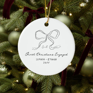 Whimsical Hand Drawn Bow First Christmas Engaged Ceramic Ornament