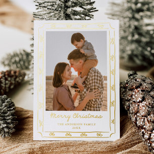 Whimsical Hand-Drawn Bow Frame 2 Photo Foil Holiday Card