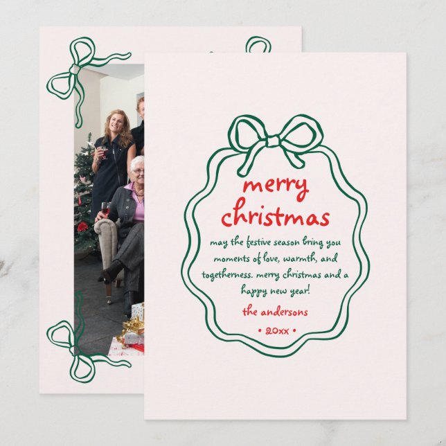 Whimsical Hand Drawn Bow Frame Christmas Photo Holiday Card (Front/Back)