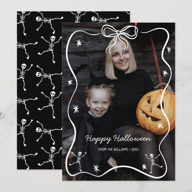 Whimsical Hand Drawn Bow Frame Halloween Photo Holiday Card (Front/Back)