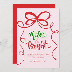 Whimsical Hand Drawn Bow Frame Merry & Bright  Holiday Card