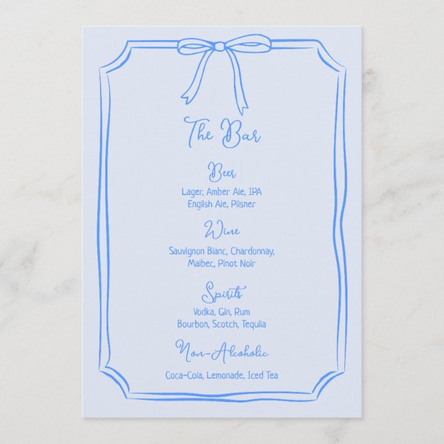 Whimsical Hand Drawn Bow Girly Coquette Blue Menu (Front)