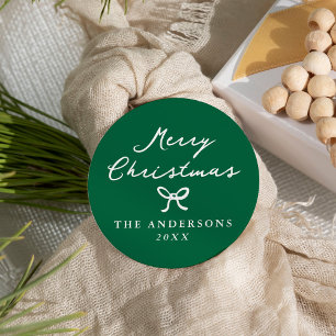Whimsical Hand-Drawn Bow Green Christmas Classic Round Sticker