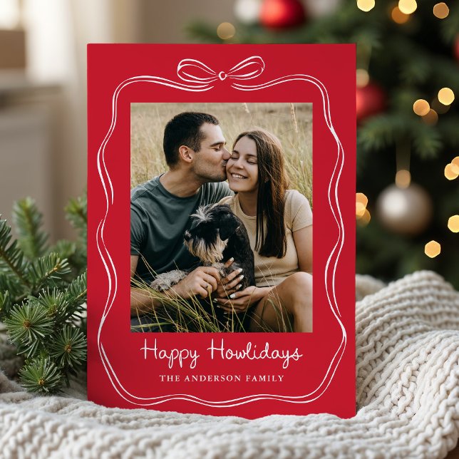 Whimsical Hand-Drawn Bow Red Happy Howlidays Photo Holiday Card (Creator Uploaded)