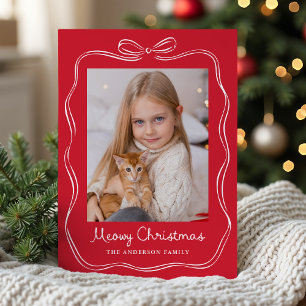 Whimsical Hand-Drawn Bow Red Meowy Christmas Photo Holiday Card