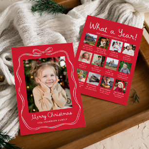 Whimsical Hand-Drawn Bow Red Year in Review Photo Holiday Card