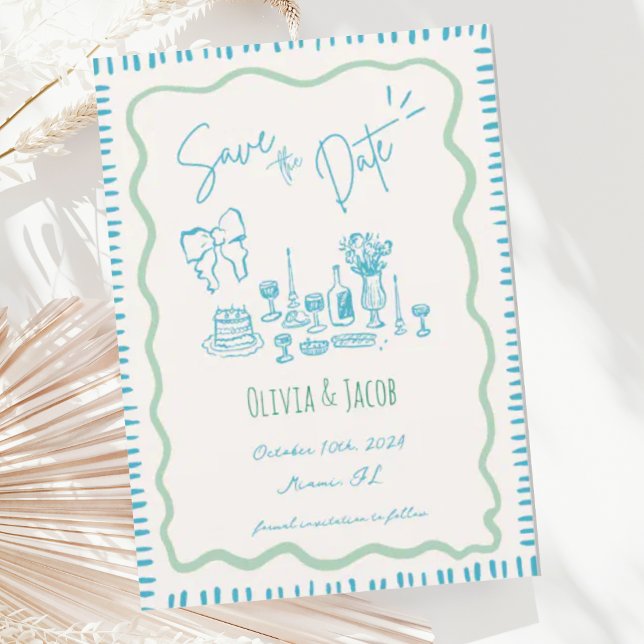 Whimsical Hand Drawn Bow Scribble Wavy Wedding Invitation (Creator Uploaded)