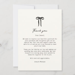 Whimsical, hand drawn bow wedding thank you card