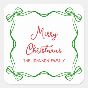 Whimsical Hand Drawn Bows Christmas Family Name Square Sticker