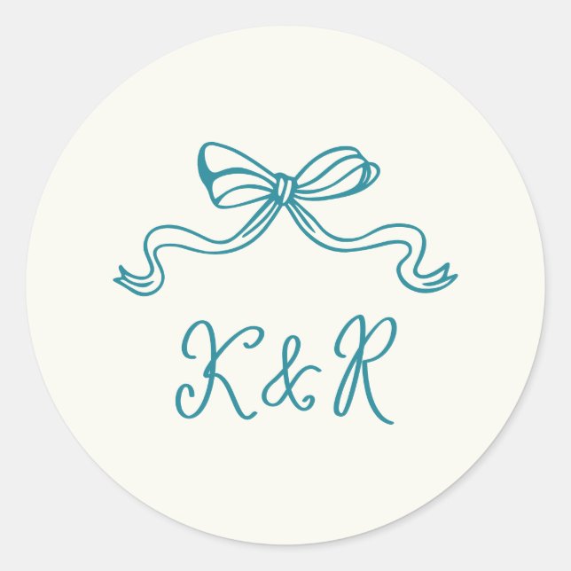 Whimsical Hand Drawn Bows Double Monogram Wedding Classic Round Sticker (Front)