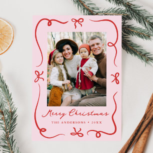 Whimsical Hand-Drawn Bows Pink 2 Photo Christmas Holiday Card