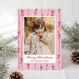 Whimsical Hand-Drawn Bows Pink Christmas Photo Holiday Card