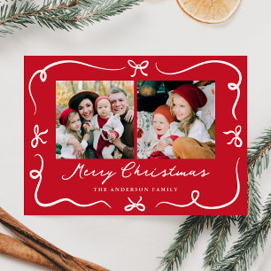 Whimsical Hand-Drawn Bows Red 2 Photo Christmas Holiday Card