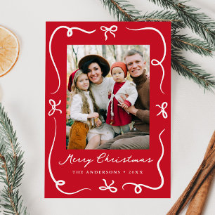 Whimsical Hand-Drawn Bows Red 2 Photo Christmas Holiday Card