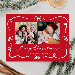 Whimsical Hand-Drawn Bows Red 2 Photo Christmas Holiday Postcard
