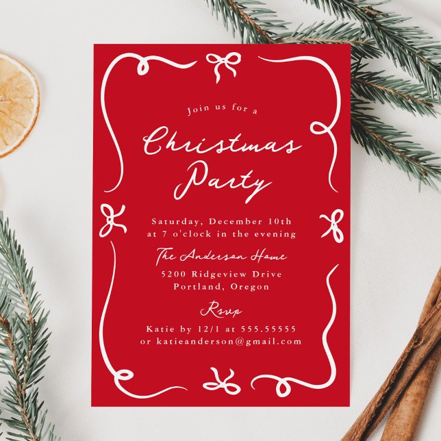 Whimsical Hand-Drawn Bows Red Christmas Party Invitation (Creator Uploaded)