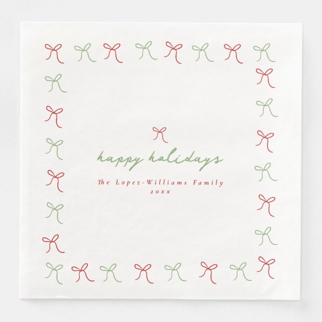 Whimsical Hand Drawn Bows Red & Green Christmas Napkin (Front)
