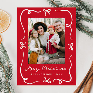 Whimsical Hand-Drawn Bows Red Photo Christmas Holiday Postcard