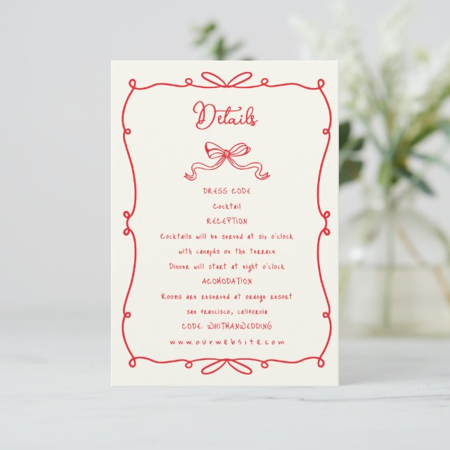 Whimsical Hand Drawn Bows Wedding Reception Enclosure Card (Standing Front)