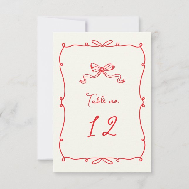 Whimsical Hand Drawn Bows Wedding Table Number (Front)