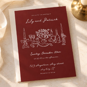 Whimsical hand drawn burgundy wedding invitation