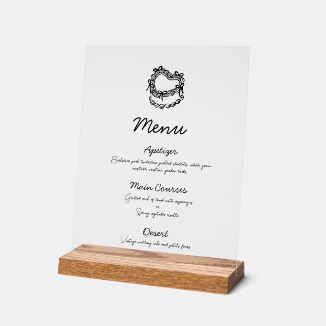 Whimsical Hand-Drawn Cake Wedding Menu Acrylic Sign (Angle)