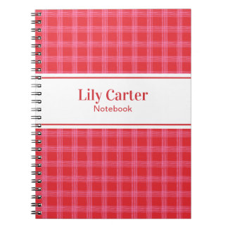 Whimsical Hand Drawn Cherry Red and Pink Plaid Notebook