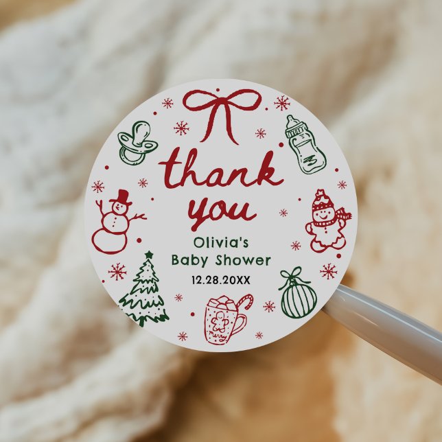 Whimsical Hand Drawn Christmas Baby Shower Classic Round Sticker (Creator Uploaded)