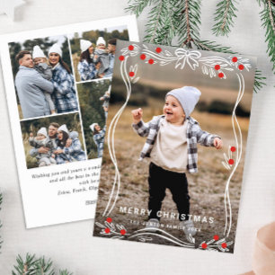 Whimsical Hand Drawn Christmas Bow Ribbon 5 Photo Holiday Card
