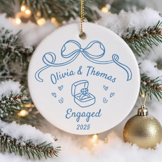 Whimsical Hand Drawn Christmas Engaged Ceramic Ornament