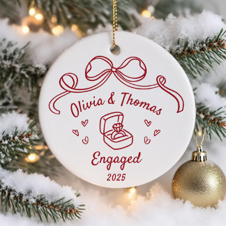 Whimsical Hand Drawn Christmas Engaged Ceramic Ornament