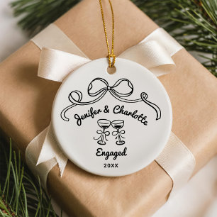 Whimsical Hand Drawn Christmas Engaged Ceramic Ornament